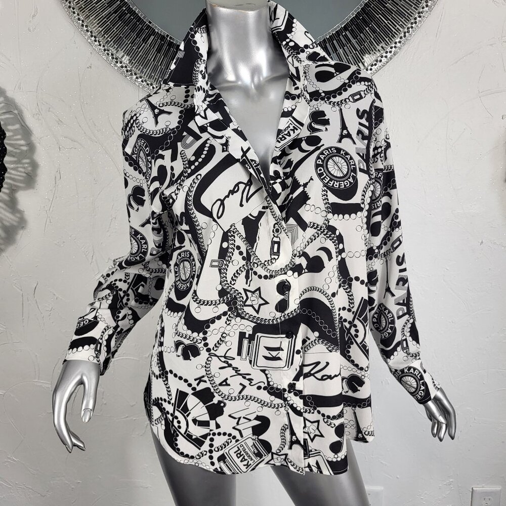 NWT~$90~KARL LAGERFELD~S/M~OVERSIZED BLACK WHITE PARIS BLOUSE TUNIC TOP SHIRT